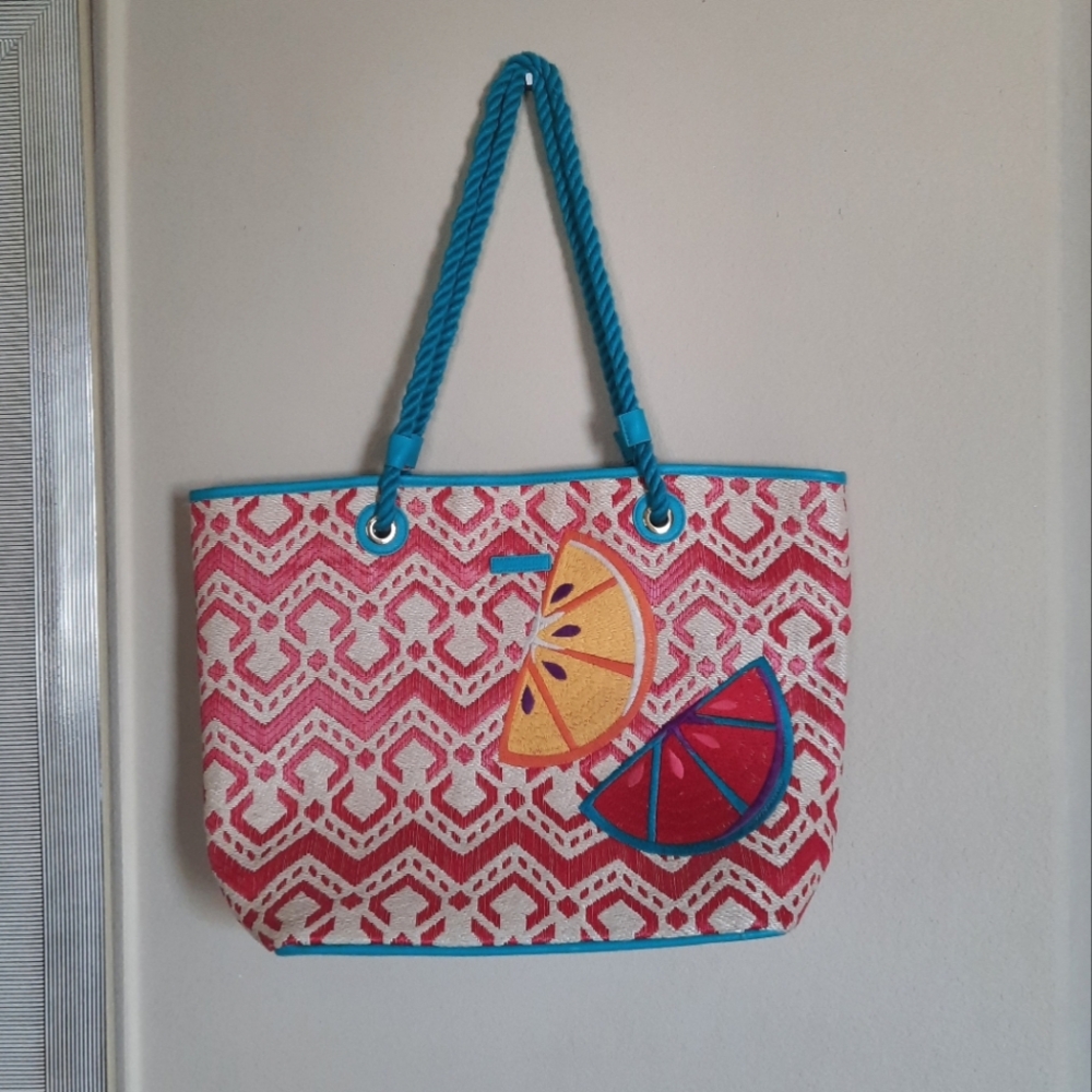 Vera Bradley Summer Beach Tote Straw Woven Fruit Embroidered Plaid